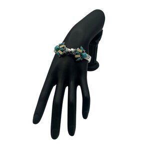 Vintage Turquoise & Silver Tone Hinged Bracelet With Rhinestone Accents